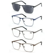 MODFANS 1.25 4 Pairs (Blue Light Blocking) Reading Glasses Men,Metal Frame Rectangle Style Stainless Steel Material Spring Hinges,Black-Grey-Blue-Brown